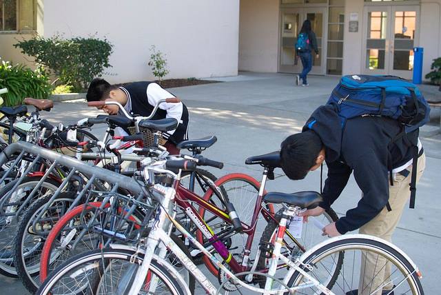 Students using bike rack at San Jose State University